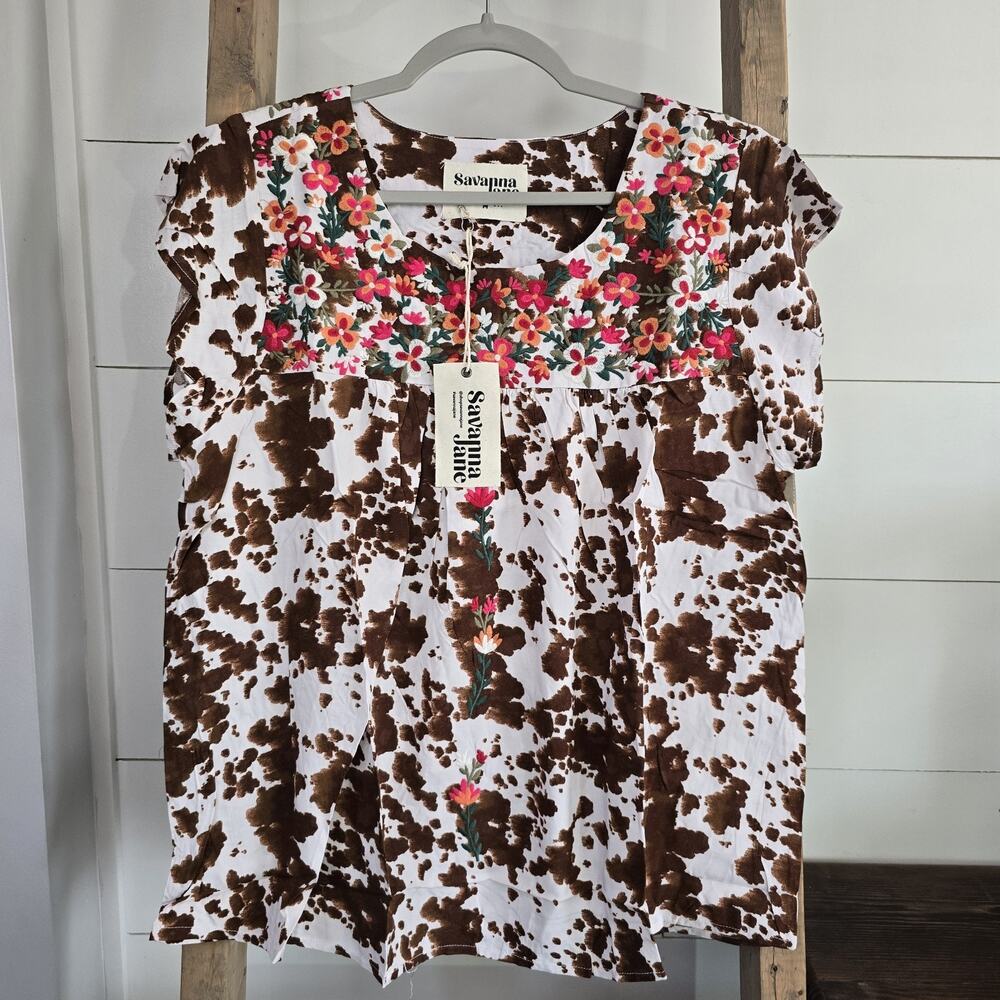 Savanna Jane White and Brown Floral Embroidered Peasant Blouse - Picture 2 of 12